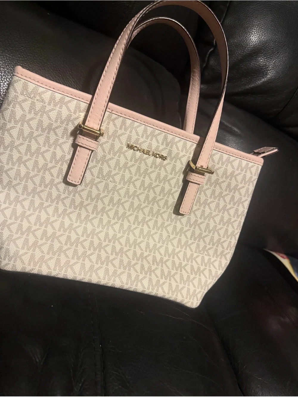 Michael Kors Beige Logo Canvas Tote with Pink Trim